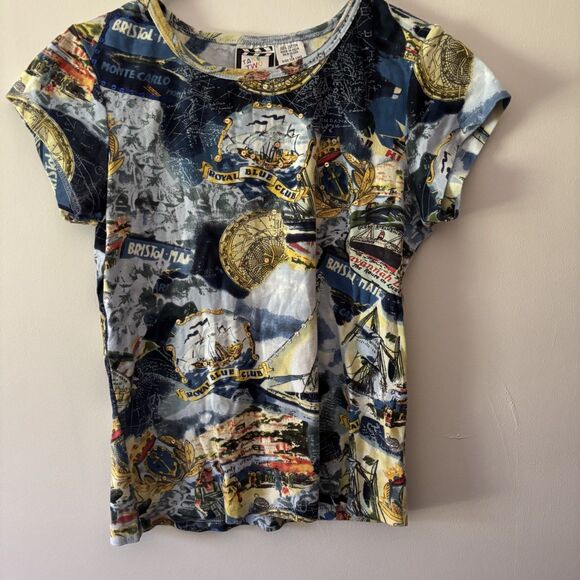 Women's Y2K Take Two Graphic Shirt Tee Size S Beach Scene Sailor Sequined Top - Picture 1 of 7